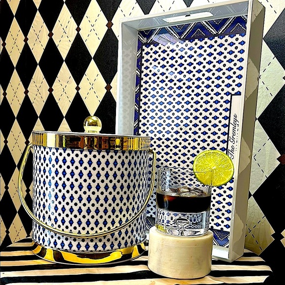 Blue & White Ice Bucket & Tray Set with Gold Trim | Bar Cart Glam - Picture 7 of 14